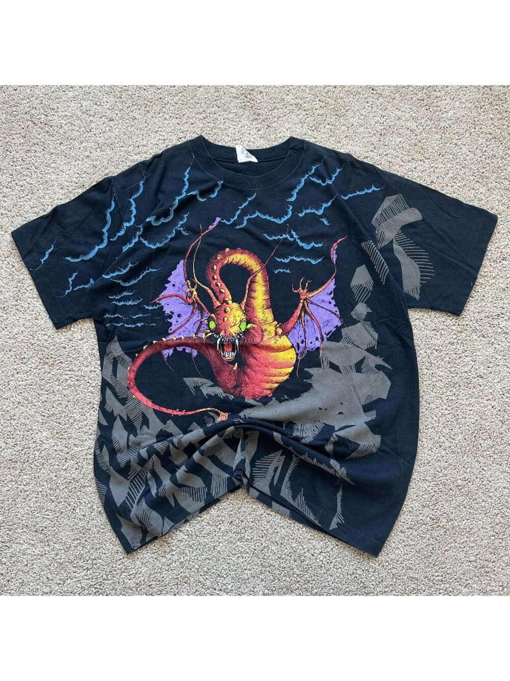 Vintage 90s Alice in Wonderland Jabberwocky AOP T-Shirt Single Stitch All Over